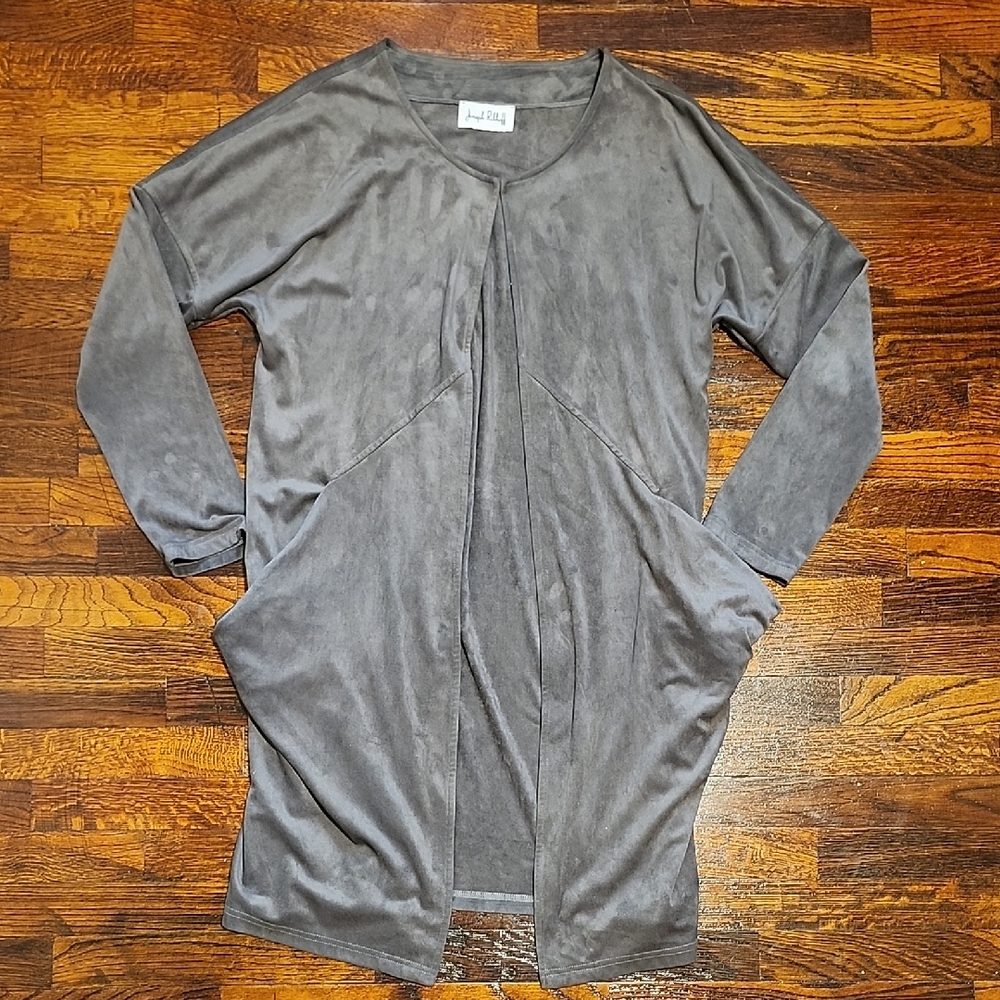 Joseph Ribkoff Charcoal Grey Velvet Open Front Long Sleeve Knee Length Jacket Lg